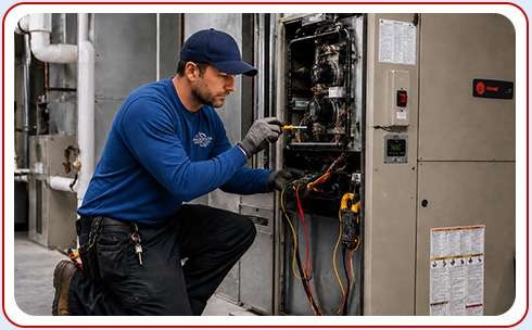 Technician repairing commercial furnace in Central Kentucky