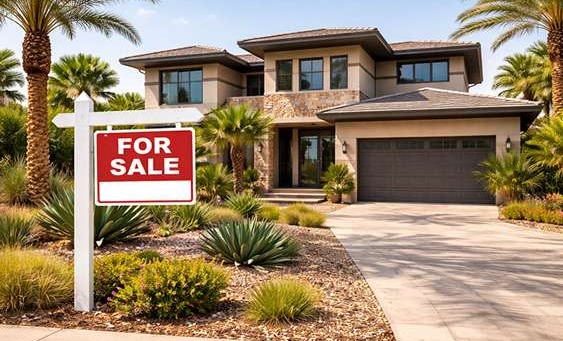 Luxury two-story Las Vegas home with desert landscaping and a “For Sale” sign in the front yard.