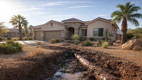 Las Vegas home with desert landscaping and exposed leaking sewer pipe in front yard trench
