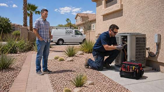Homeowner observing local technician working on Ac unit side of residential Las Vegas home
