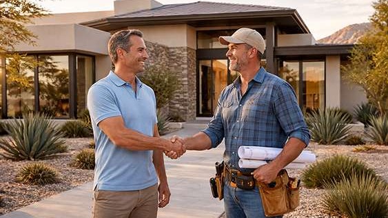 Las Vegas homeowner shaking hands with contractor in front of newly built luxury desert-climate custom home with modern architecture and desert landscaping