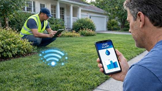 Las Vegas homeowner receiving LVVWD leak alert on smartphone while technician checks yard irrigation system