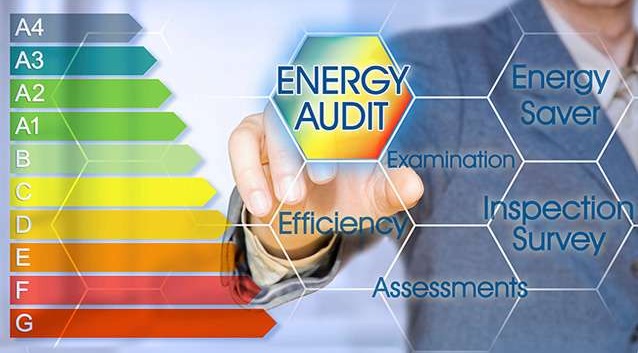 Home energy audit concept showing efficiency rating scale and inspection process for improving energy performance in residential homes