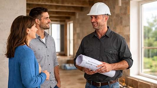 Young homeowners discussing their remodeling project with contractor, asking all the right questions.