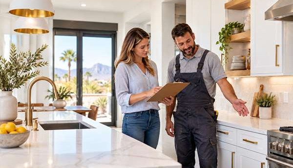 Las Vegas homeowner and contractor reviewing a final kitchen renovation walkthrough, inspecting completed cabinetry and countertops before final payment.