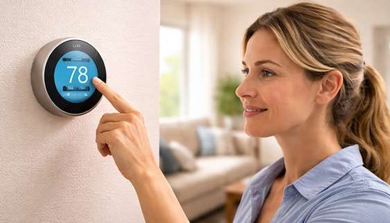 Woman adjusting programmable thermostat in cozy home environment.