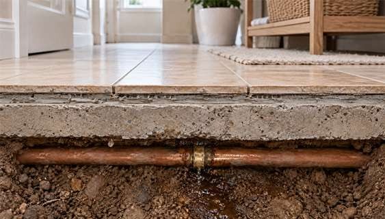 Cutaway view of a leaking water supply pipe beneath tile flooring and a concrete slab in a residential Las Vegashome