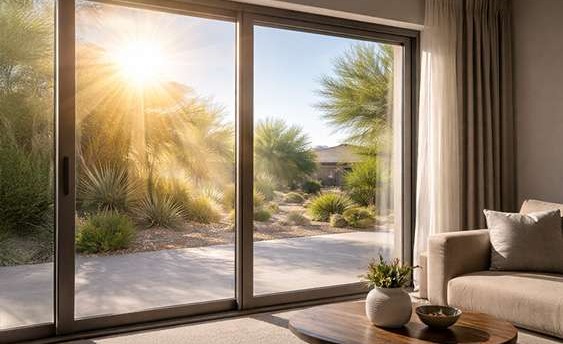 Desert sunlight hitting energy-efficient residential window while interior living room stays cool and shaded in a Las Vegas-style home
