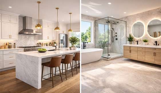 Split-screen of modern kitchen and luxury bathroom remodel in Las Vegas, highlighting ROI comparison between kitchen and bathroom remodels.