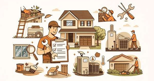 Illustration of a home surrounded by maintenance icons like gutters, HVAC, roof inspection, lawn care, and tools, representing a first-year home maintenance tips