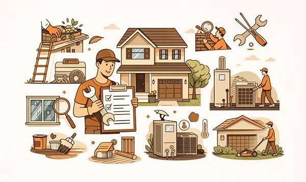 Illustration of a home surrounded by maintenance icons like gutters, HVAC, roof inspection, lawn care, and tools, representing a first-year home maintenance tips