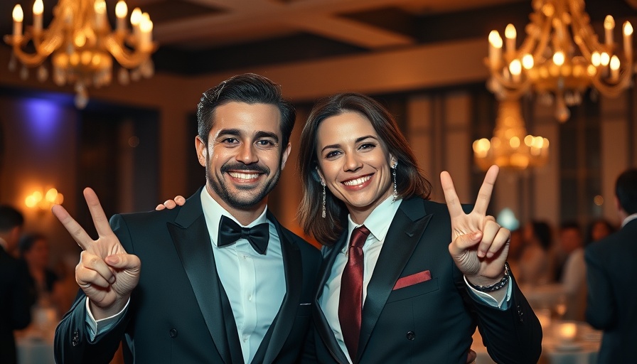 Smiling individuals at formal event with warm lighting, BTS wedding appearances