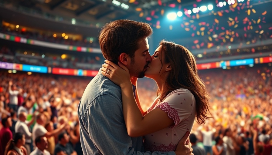 Celebratory couple kissing in a vibrant crowd.
