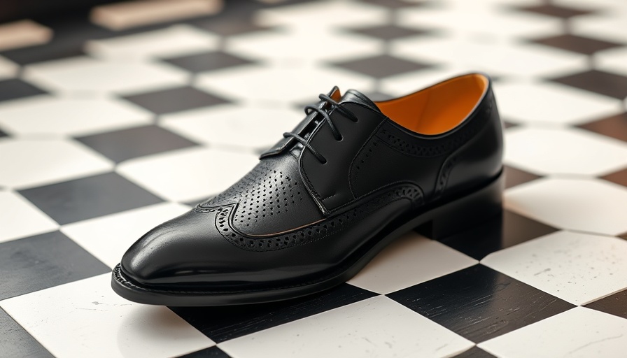 Elegant black leather shoes on geometric floor, stylish shoe brands for grooms.