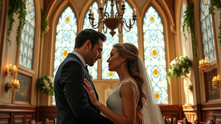 Elegant couple at beautiful wedding venue interior.