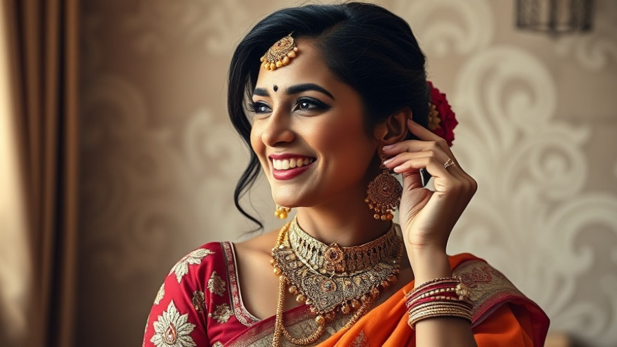 Woman in traditional attire adjusting earring, Dhanteras wedding traditions.
