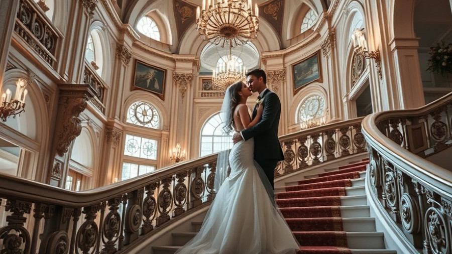 Elegant couple sharing an intimate moment on a grand staircase at an ornate wedding venue.