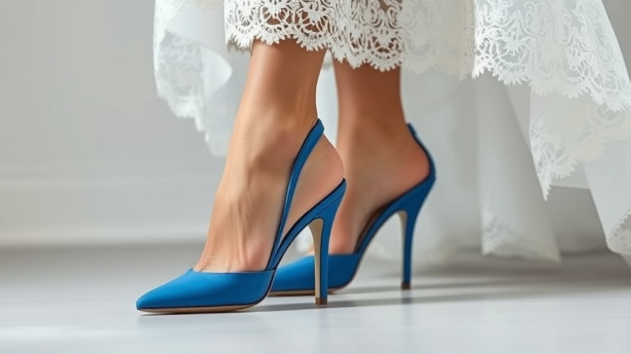 Elegant blue wedding shoes under lace gown