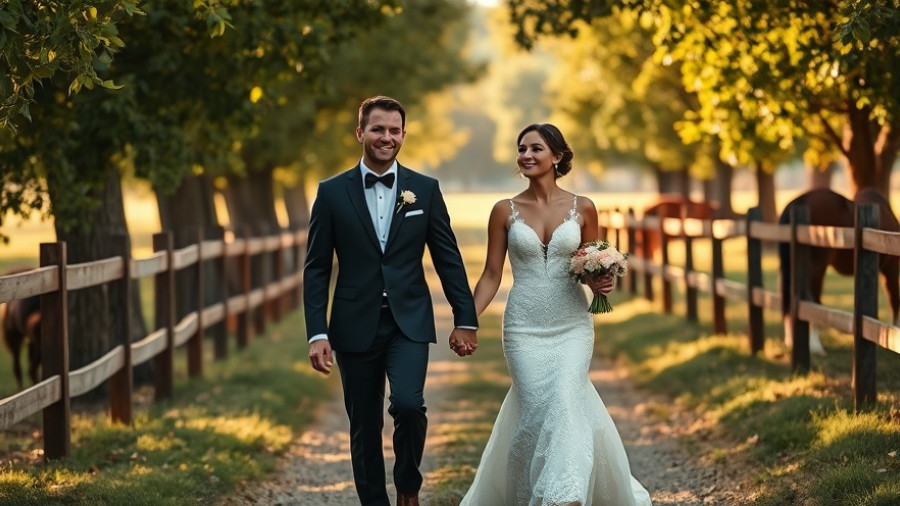 Bride and groom walking down rural path with horses, wedding planning services.