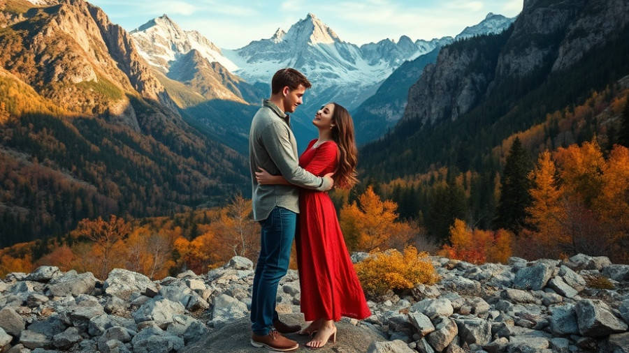 Romantic autumn wedding couple embracing in mountain setting.