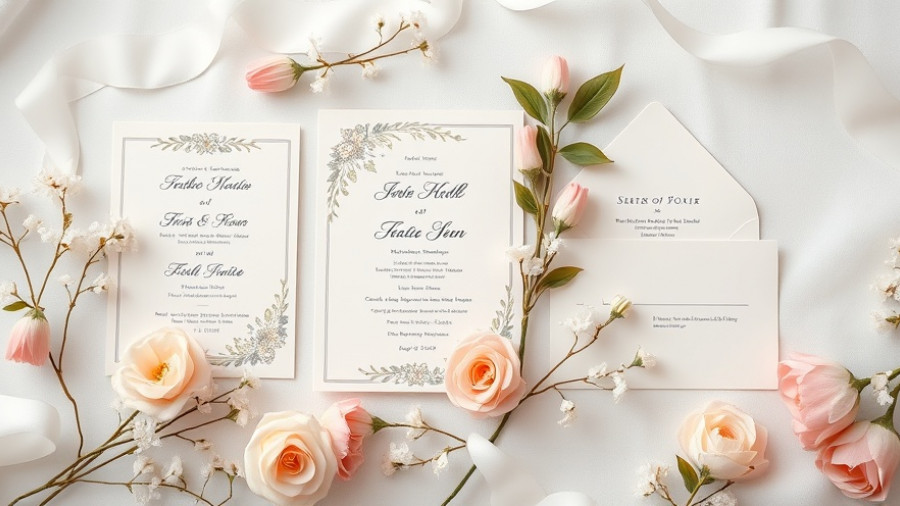 Elegant wedding stationery layout with floral decorations.