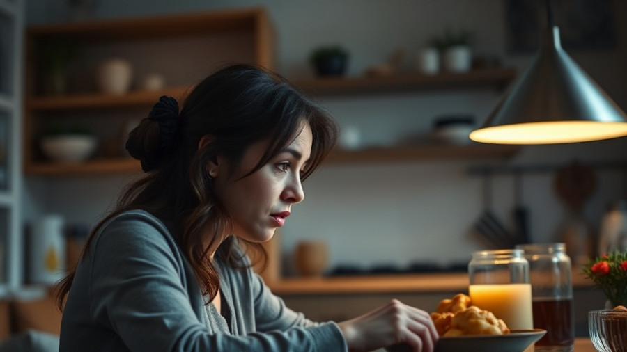 Woman contemplating wedding planning conflicts in a modern kitchen.