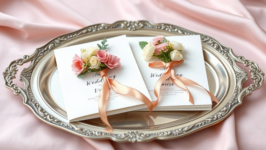 Elegant wedding vow booklets with floral accents on silver tray.