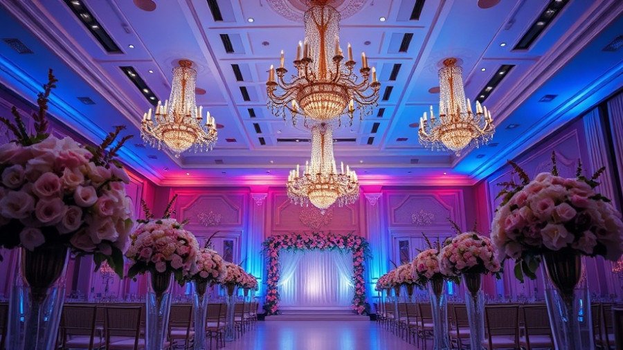 Elegant indoor wedding venue with opulent floral arrangements and chandeliers.