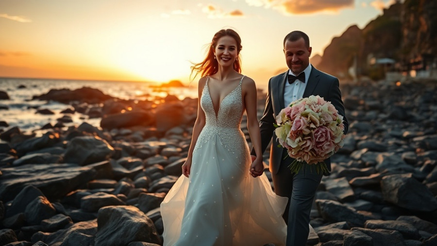 Celestial wedding dresses on rocky beach at sunset.