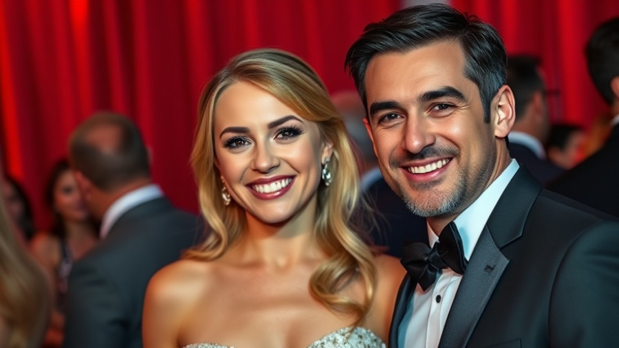 Smiling couple at a formal event with a red backdrop.