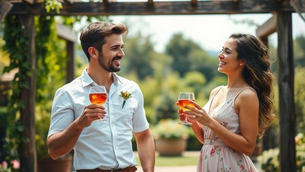 Joyful couple celebrating wedding cocktail hour outdoors