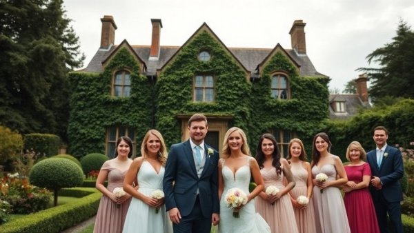 Wedding party at ivy-covered manor, wedding venues near me.