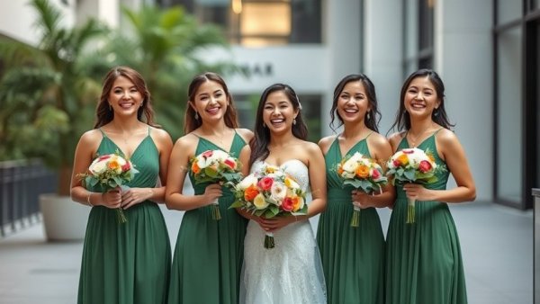 Joyful bridesmaids in green dresses at a wedding celebration.