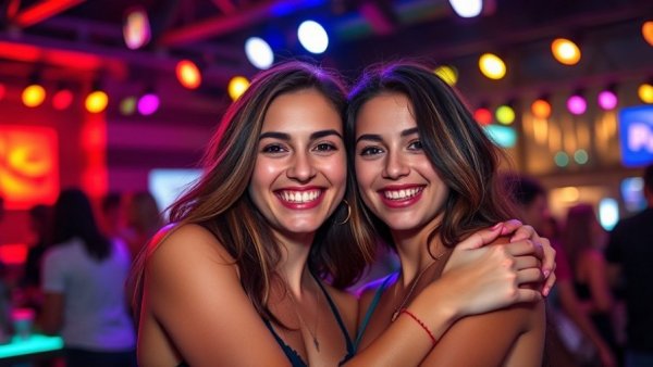 Dynamic wedding venue scene with joyful attendees embracing.