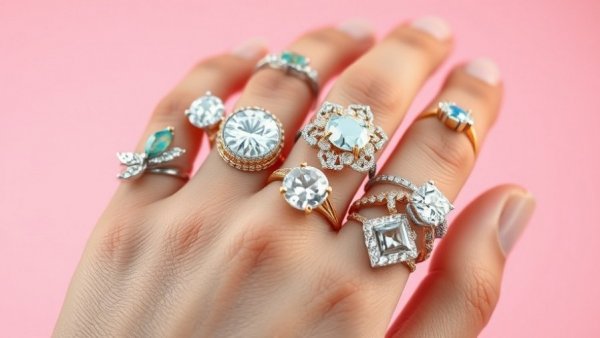 Elegant hand with unique engagement rings, diverse designs.