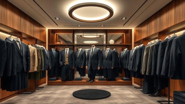 Elegant display of made-to-measure wedding suits in a modern showroom.