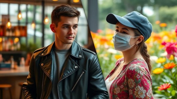 Young people in distinct settings, leather jacket focus, garden flowers vibrant.