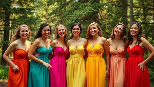 Bridesmaids wearing colorful dresses in forest, smiling together.