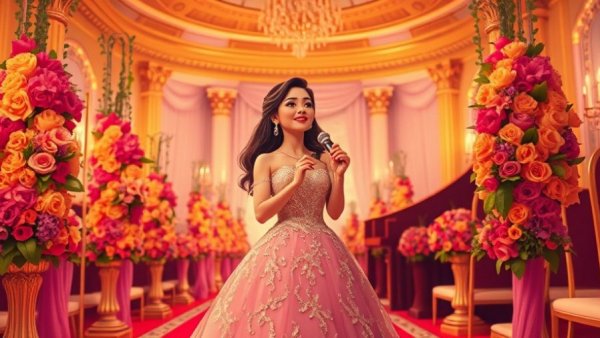 Elegant woman singing at lavish wedding with floral decor.