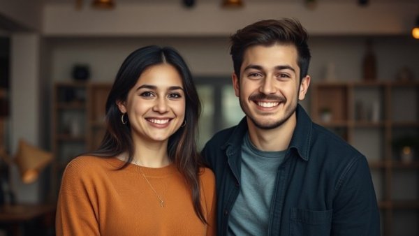 Smiling couple posing indoors in casual setting.