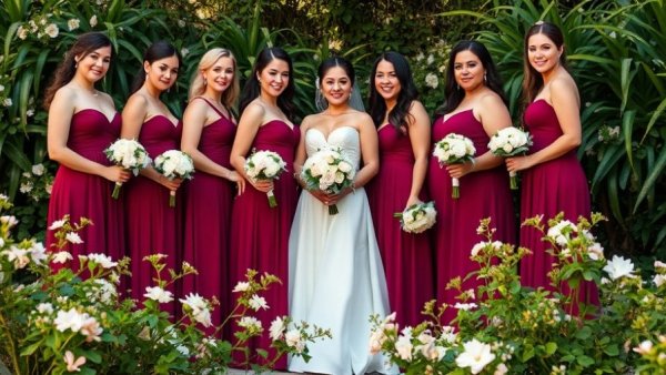 Women in burgundy bridesmaid dresses posing in a lush garden.