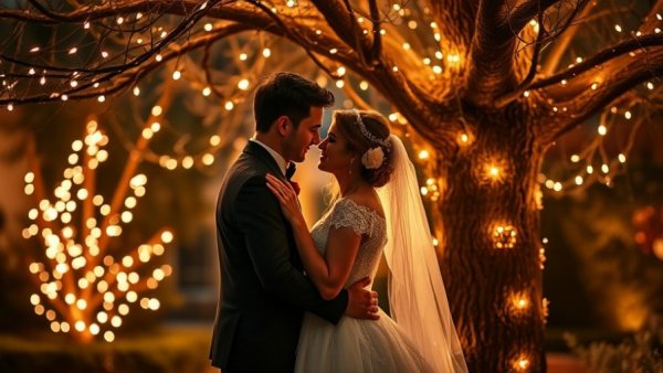 Enchanting winter Christmas wedding scene with a couple embracing under fairy lights.