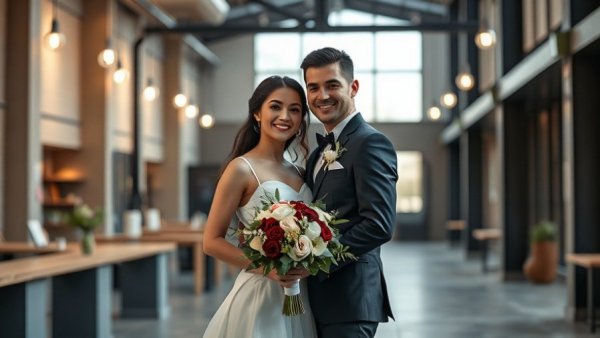Elegant bride and groom in industrial wedding venue in Ireland.