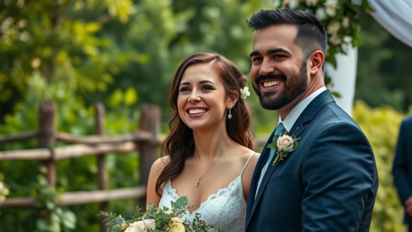 Outdoor intimate wedding venue with smiling couple