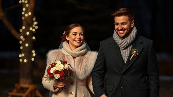 Winter groom style inspiration with elegant wedding attire and scenic background.
