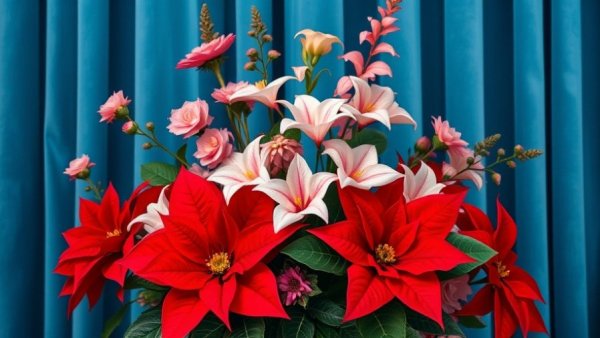Elegant poinsettia wedding decor with velvet drapery.