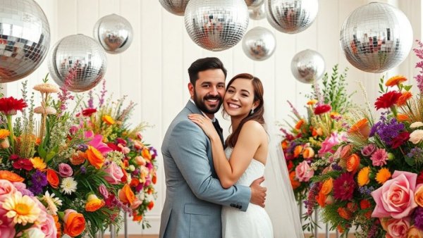 Elegant disco ball wedding decor with joyful couple embracing.