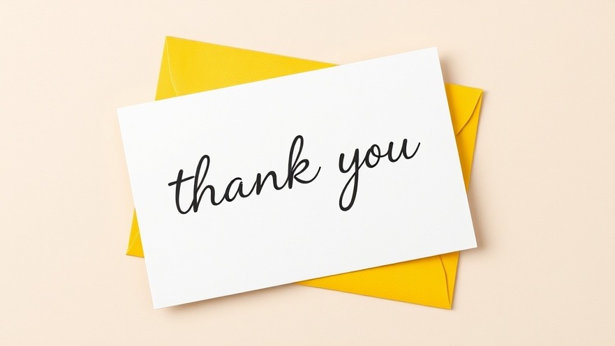 Elegant personalized wedding stationery thank you card with yellow envelope.