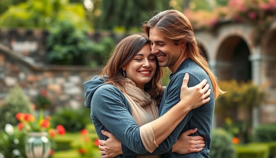 Romantic couple embracing in garden, unique wedding venue.