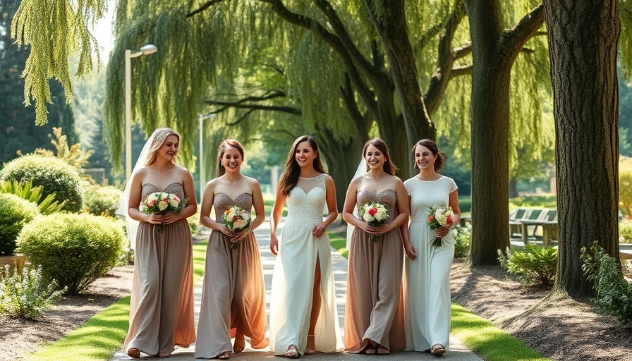 Bridesmaids in soft gowns on garden path at outdoor wedding venue.